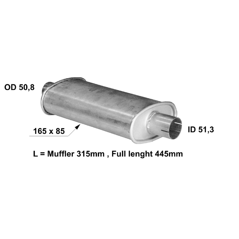 Universal muffler  165 x 85 x 315 out 51.3mm and 50.8mm