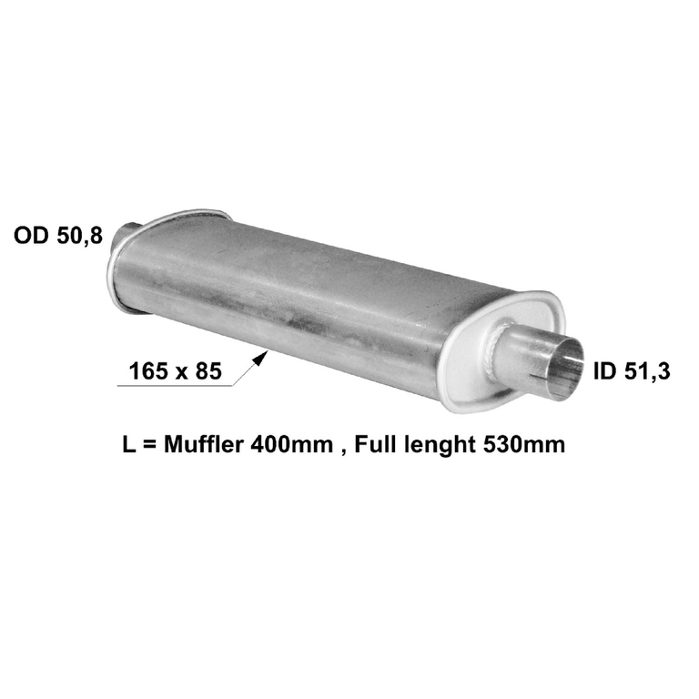 Universal muffler 165 x 85 x 400 out 51.3mm and 50.8mm