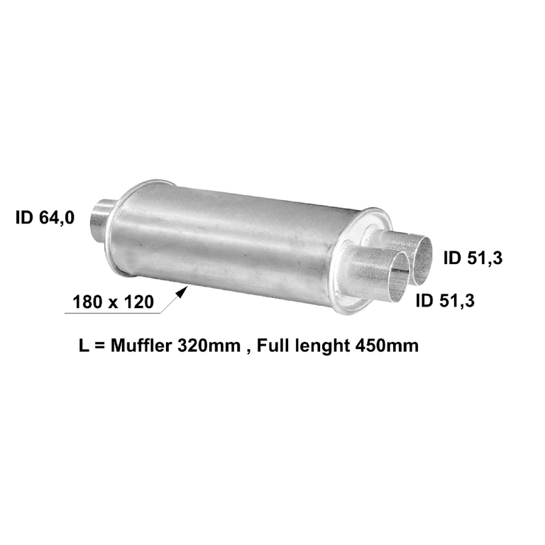 Universal muffler 180 x 120 x 320 out 2x51.3 and 64mm