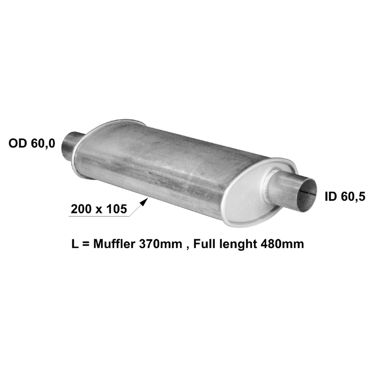 Universal muffler 200 x 105 x 370 out 60mm and 60.5mm
