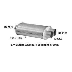 Universal muffler 215 x 135 x 320 out 64mm and 76.5mm