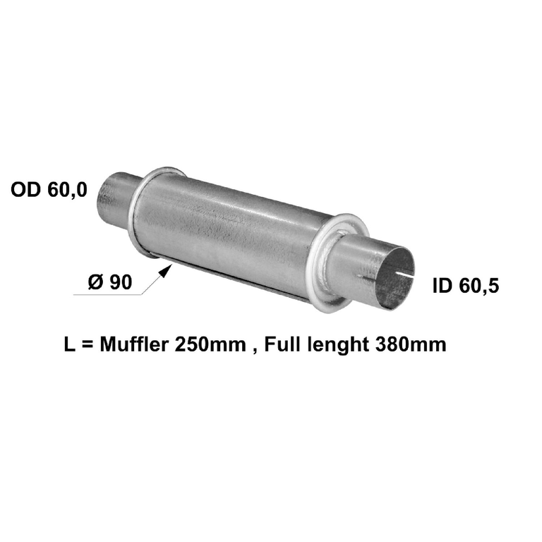 Silenciador universal 90 x 250 salida 60.5mm y 60mm